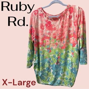 Ruby Rd. Women's 3/4 Sleeve Floral Top - Pink, Green, Blue